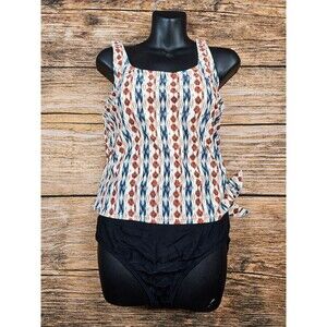 Island Pearls One Piece Tankini Swimsuit Tie Black Multicolor Womens 12?